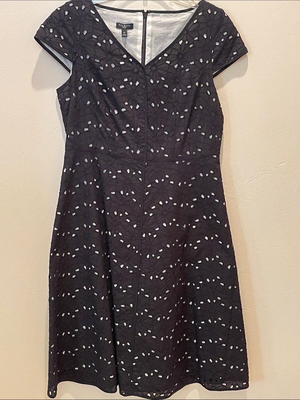 Talbots Black Eyelet Fit-and-Flare Dress with Light Beige Lining NWT